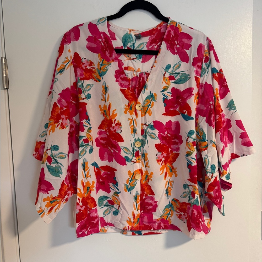 Floral Women's Top - Pink and Orange size XL